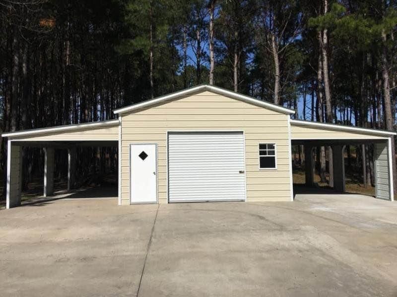A garage with a white door and a white garage door