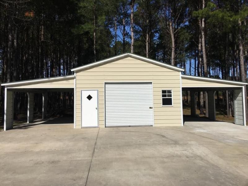 A garage with a white door and a white garage door