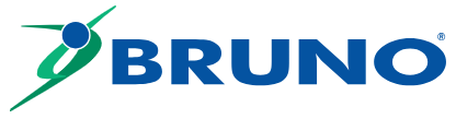 Bruno logo: blue text and abstract green and blue graphic.