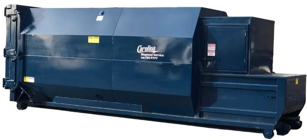 Dark blue commercial trash compactor.