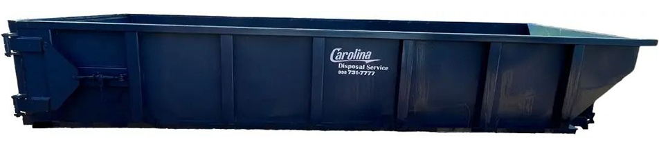 A dark blue dumpster with a logo on the side.