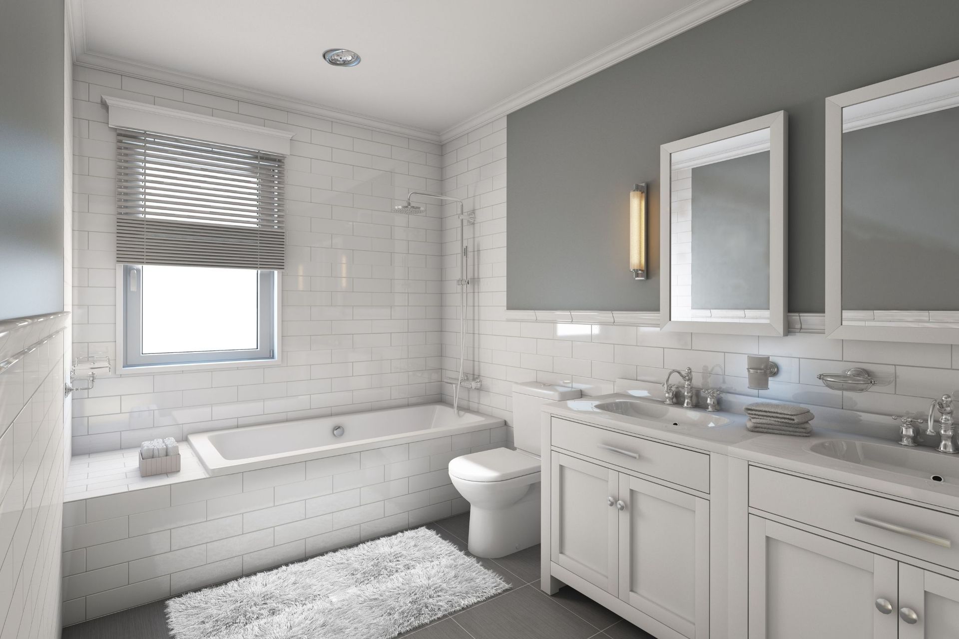A bathroom with a tub, toilet, sink and mirrors