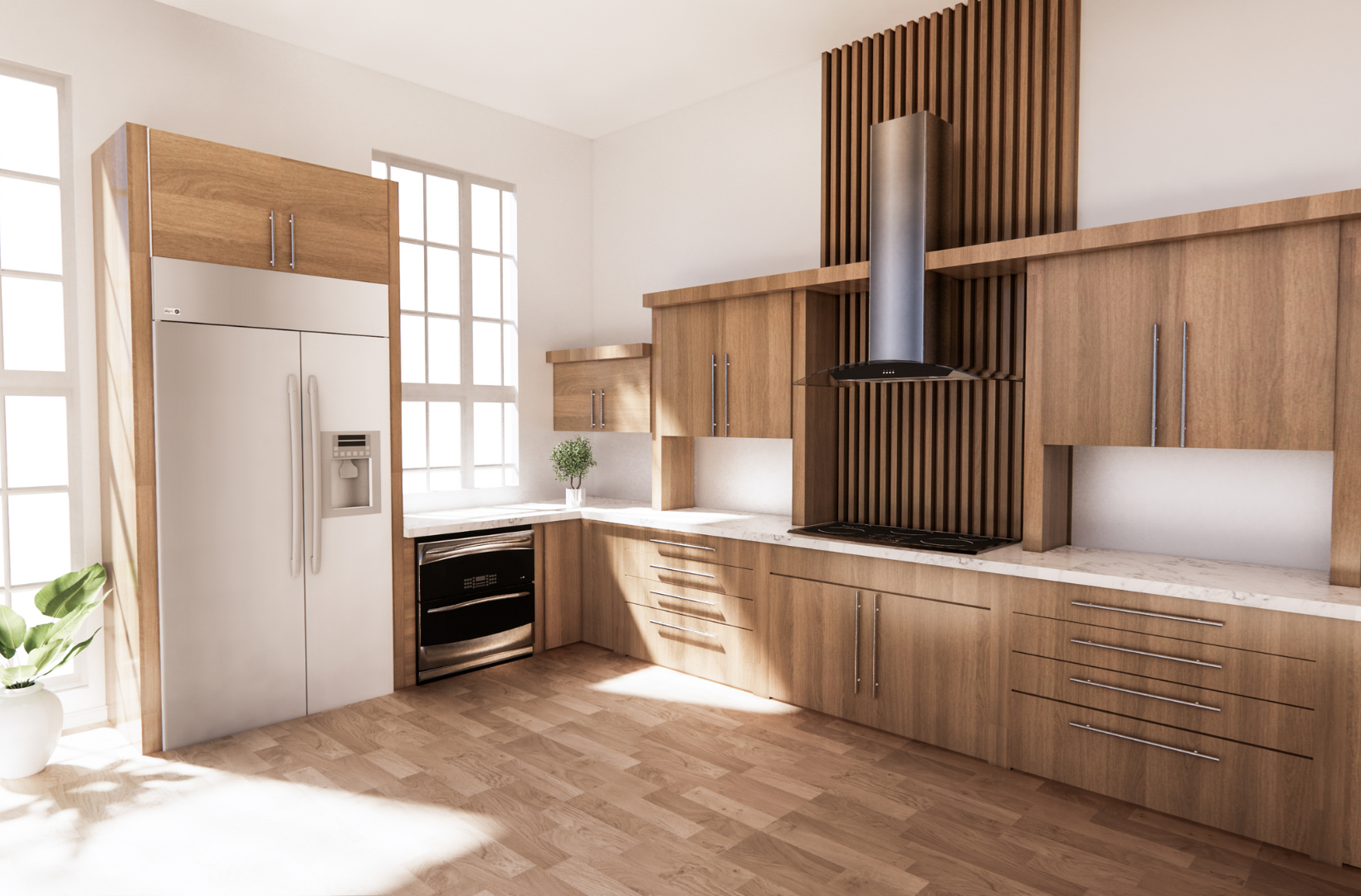 A kitchen with wooden cabinets, a refrigerator, a stove, and a hood
