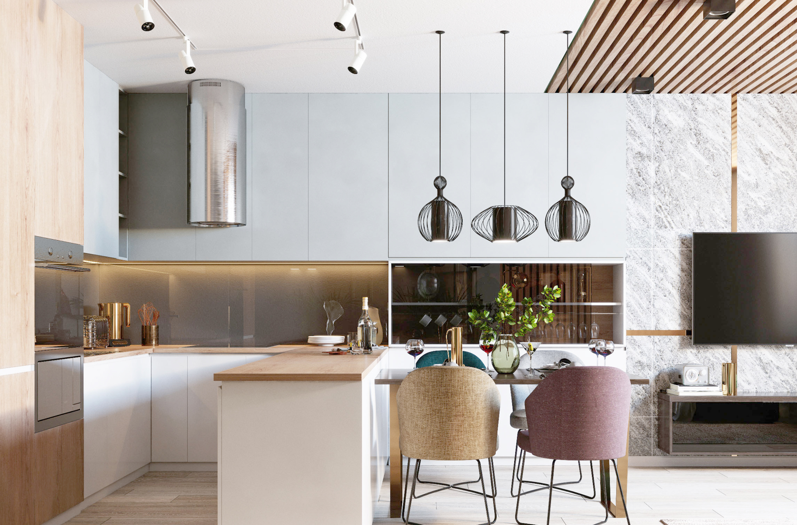 A kitchen with a dining table and chairs and a television