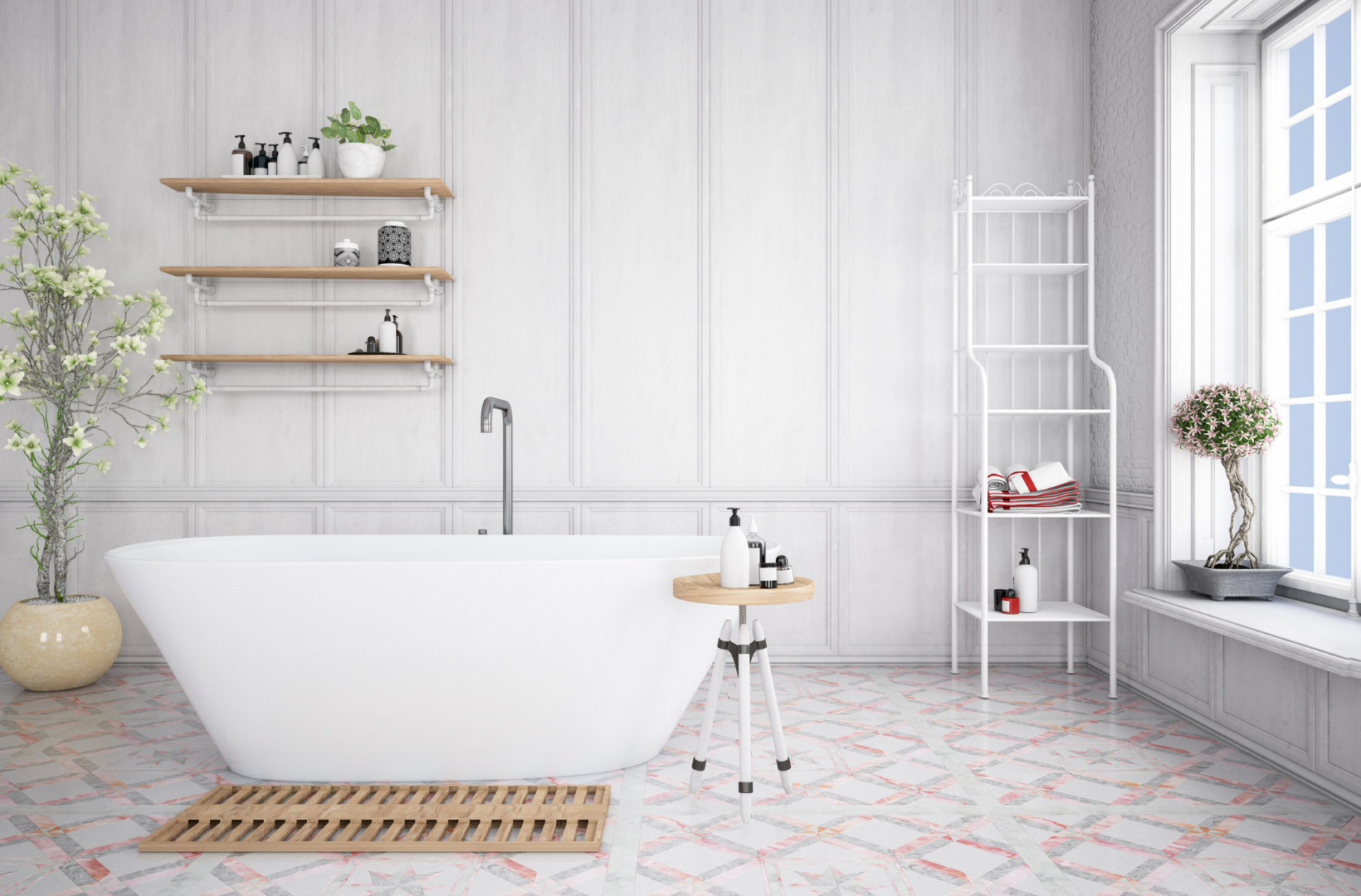A bathroom with a tub, shelves, and a window