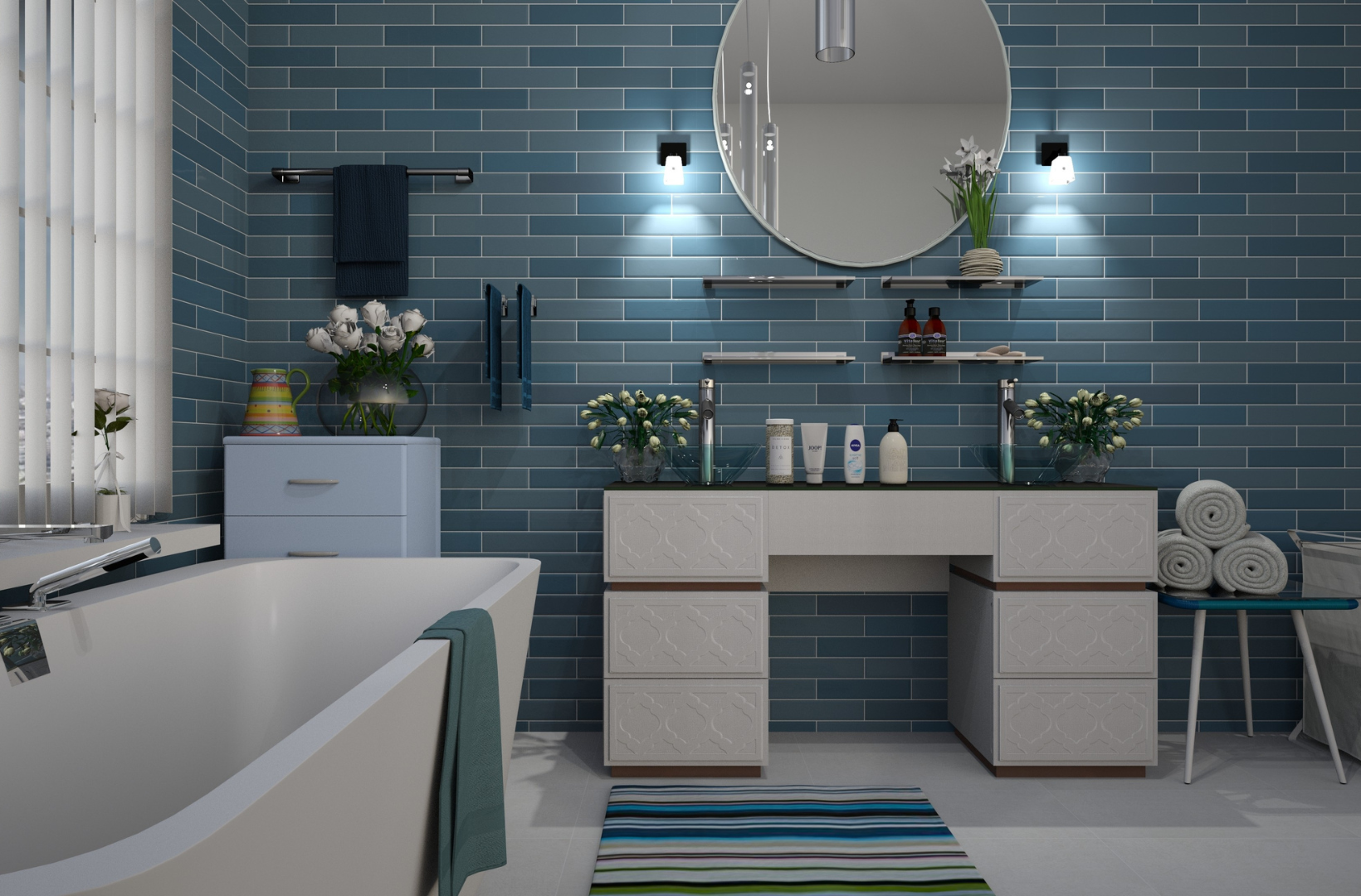 A bathroom with a bathtub, sink, mirror and towels