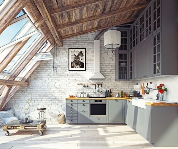 A kitchen with a picture of a rabbit on the wall