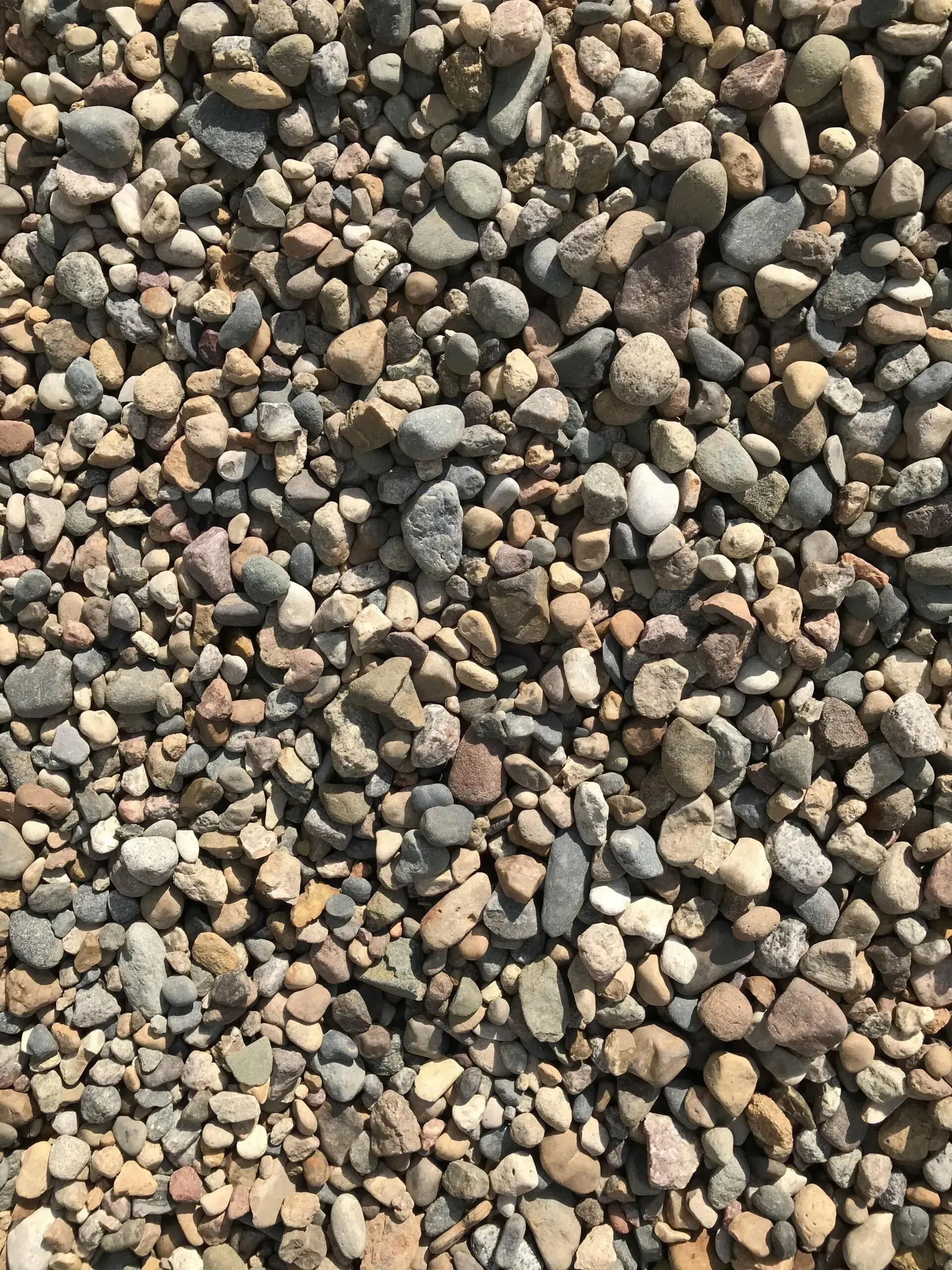 A top-down view of a dense pile of varied small, smooth, multi-colored river stones and gravel.