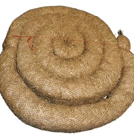 A tightly coiled roll of brown, fibrous jute erosion control log on a white background.
