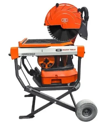 Orange and grey iQMS362 masonry saw with a circular blade, mounted on a folding stand with a single wheel.
