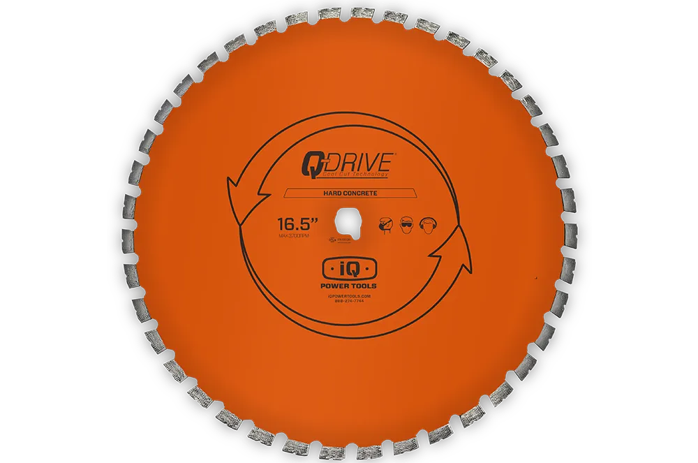 An orange 18.5-inch circular diamond saw blade with segmented edges and the Q-Drive logo.