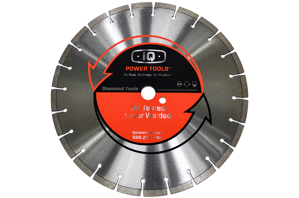 A circular diamond saw blade with segmented edges and a center label featuring the iQ Power Tools logo and arrow icons.