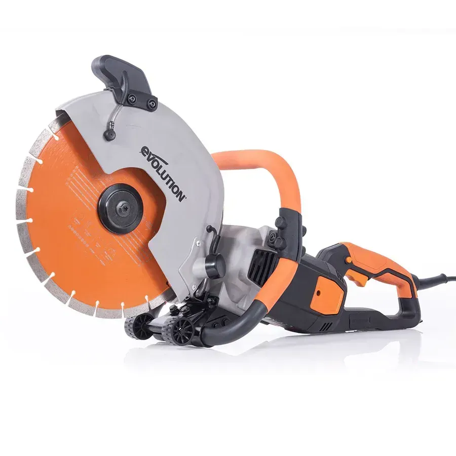 An electric orange and gray handheld circular masonry saw with a diamond-tipped blade on a white background.