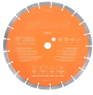 A circular orange Evolution diamond masonry saw blade with segmented cutting edges, viewed from the front.