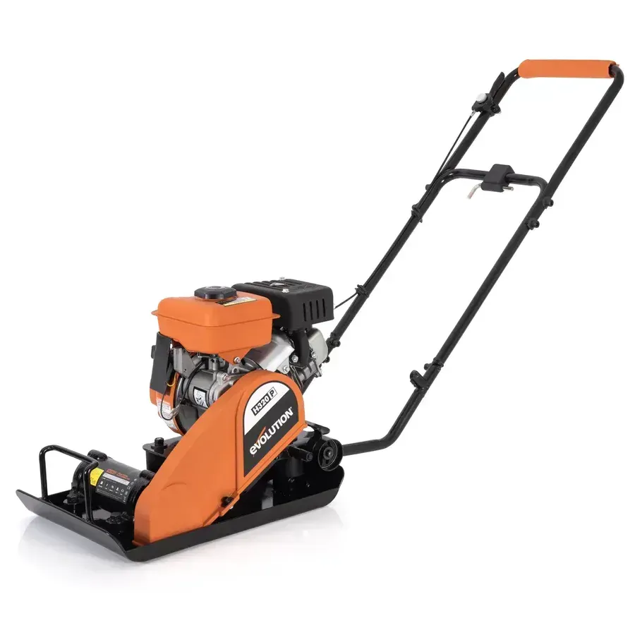 An orange and black plate compactor with a gas engine and long handle, set against a plain white background.