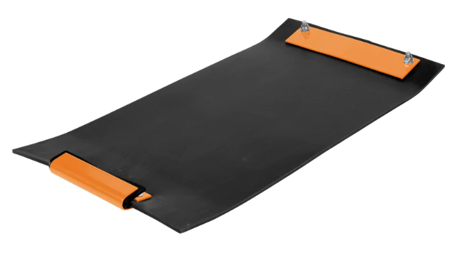 A black rectangular rubber sheet with an orange handle on each end, one attached with screws and one looped through a slot.