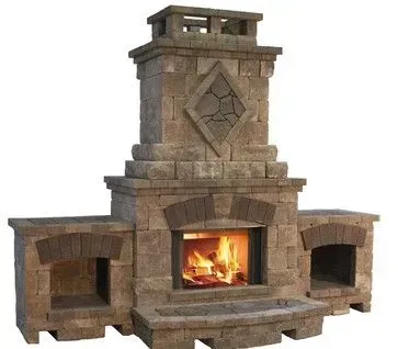 Outdoor stone fireplace with a central firebox, an upper diamond design, and two side storage alcoves.