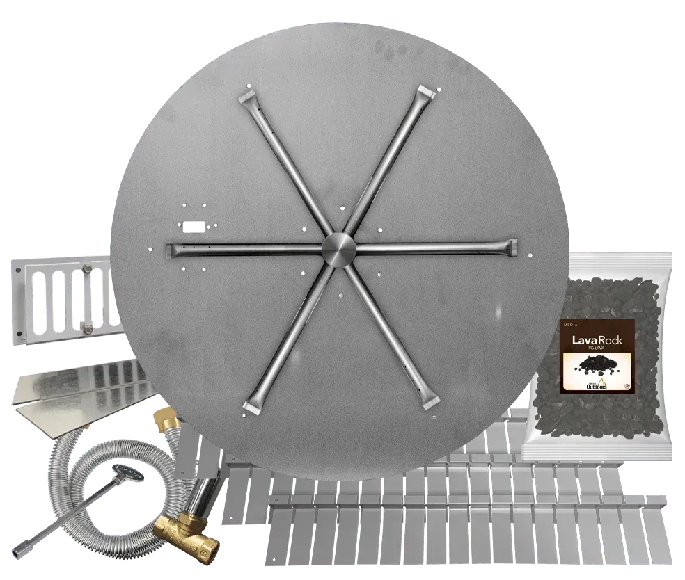 A DIY gas fire pit kit containing a round stainless steel burner pan, star-shaped burner, hoses, fittings, and lava rocks.