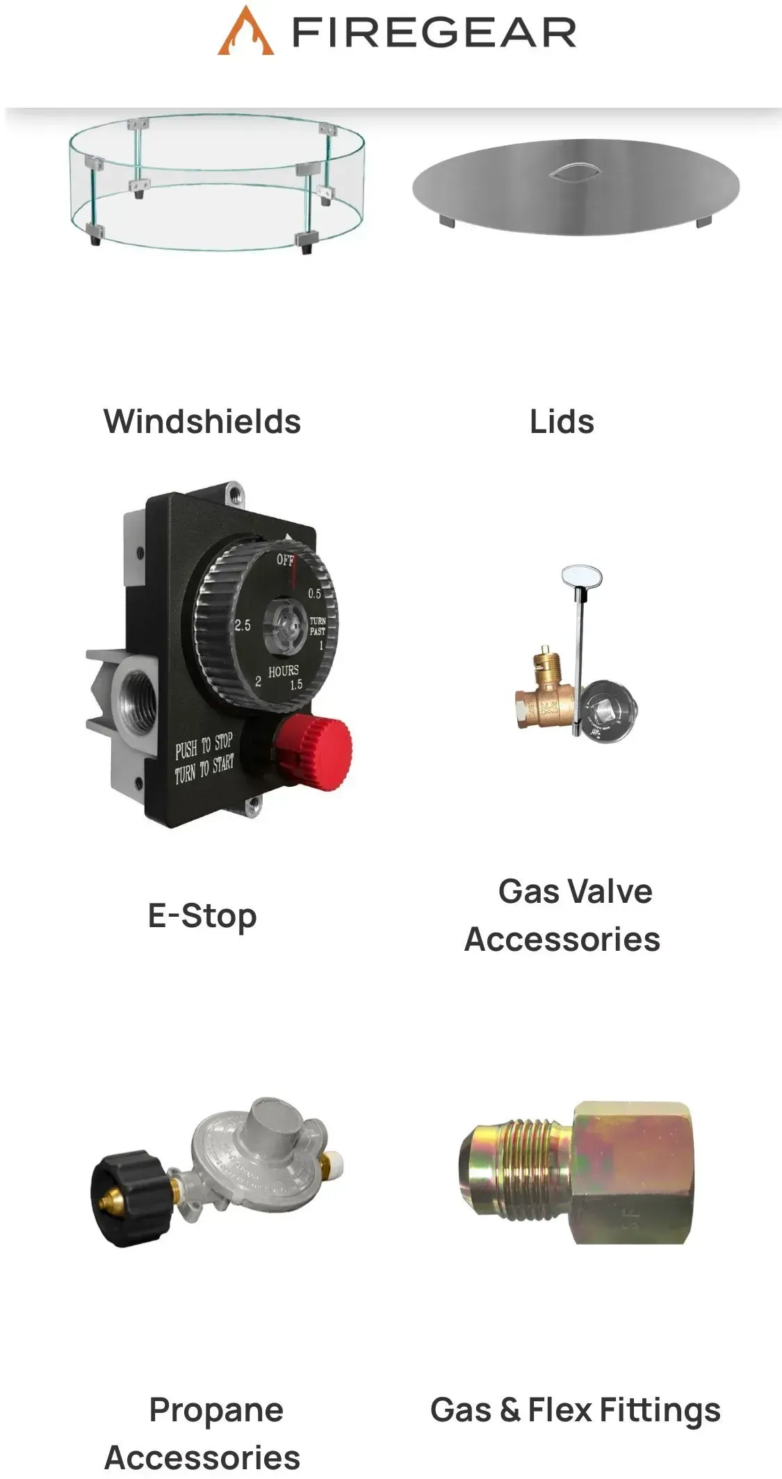 A Firegear branded catalog grid showing fire pit accessories: windshield, lid, E-Stop, gas valve, propane regulator, and fitting.