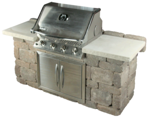 A stainless steel outdoor gas grill set into a stone base with two side countertops and lower storage doors.