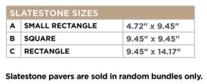 Table listing Slatestone paver sizes: Small Rectangle (4.72