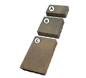 Three gray rectangular paving stones of different sizes are arranged in a vertical row and labeled A, B, and C.