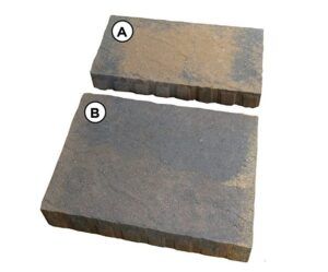 Two rectangular concrete pavers of different sizes, labeled A and B, set against a plain white background.