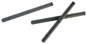 Three black plastic rods with notched channels, one isolated and two crossed on a white background.