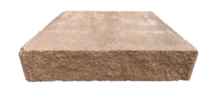 A single rectangular landscaping paver with a textured, brown stone-like face, viewed from a slight angle.