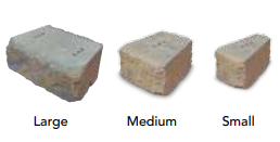 Three concrete landscaping blocks of varying sizes, labeled Large, Medium, and Small from left to right.