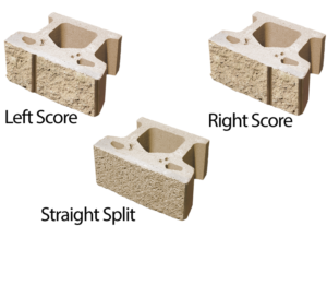 Three beige retaining wall blocks labeled Left Score, Right Score, and Straight Split on a white background.