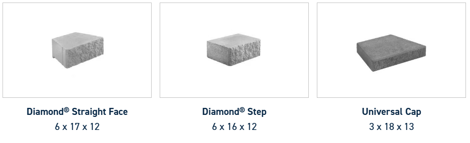 Three types of landscaping blocks: Diamond Straight Face (6x17x12), Diamond Step (6x16x12), and Universal Cap (3x16x12).