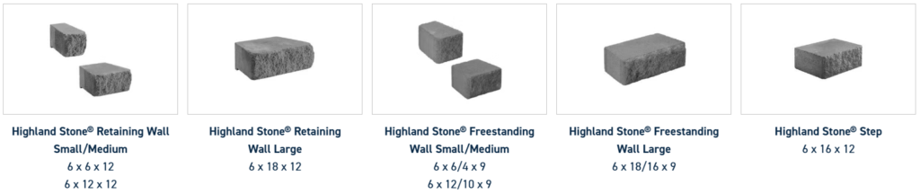Five types of Highland Stone paving units displayed with their respective dimensions listed below each item.
