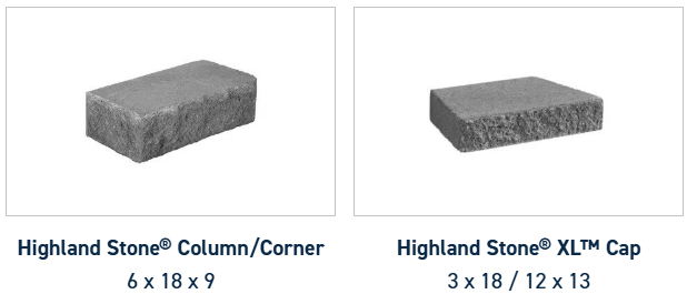 Two gray masonry blocks: a Highland Stone Column/Corner block (6x18x9) and a Highland Stone XL Cap (3x18/12x13).