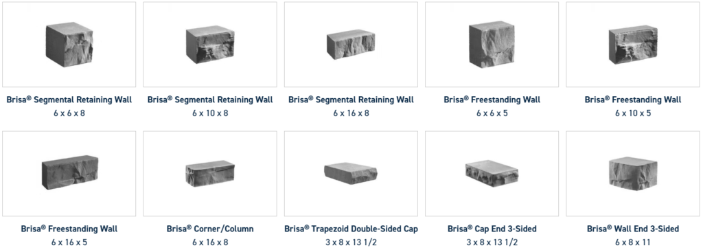 A grid of ten different Belgard stone block products, each labeled with its product name and dimensions.