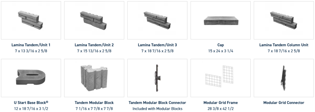 A grid of ten construction product options for stone walls, including blocks, caps, and connection pins with dimensions.