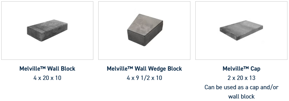 Three stone Melville blocks: a rectangular wall block, a wedge-shaped wall block, and a rectangular cap stone.