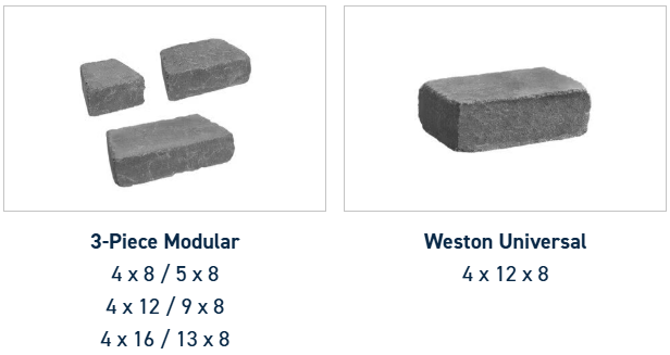 Two stone paver types: 3-Piece Modular (three assorted sizes) and Weston Universal (one size), with dimensions listed below.