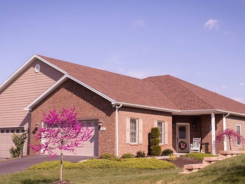 Brick house with brown roof, tan siding, and front yard with bushes and a flowering tree.