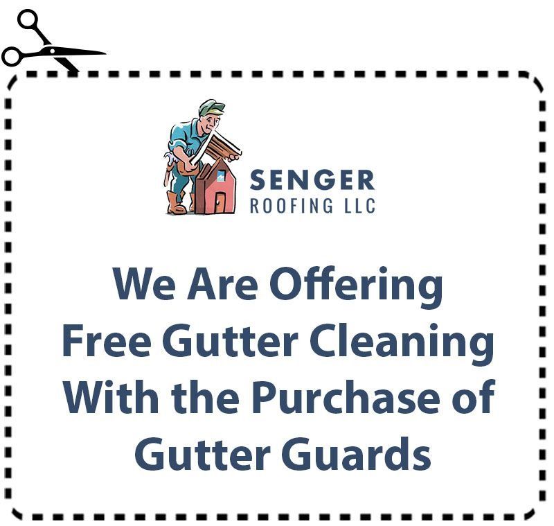 Coupon: Senger Roofing offers free gutter cleaning with gutter guard purchase.