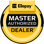 Clopay Master Authorized Dealer logo: yellow badge with black text and a top rectangle with the Clopay logo.