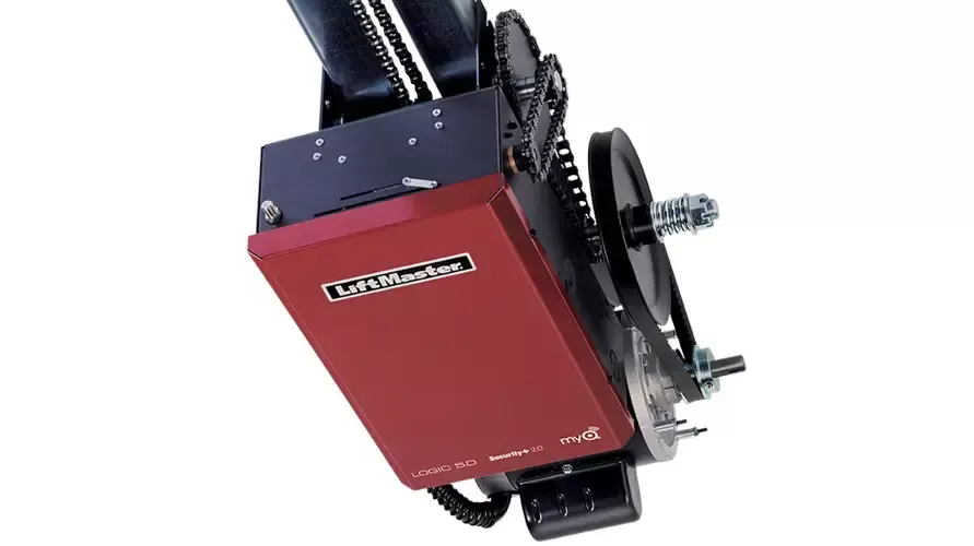 Red LiftMaster garage door opener, angled, with a black chain and motor housing.