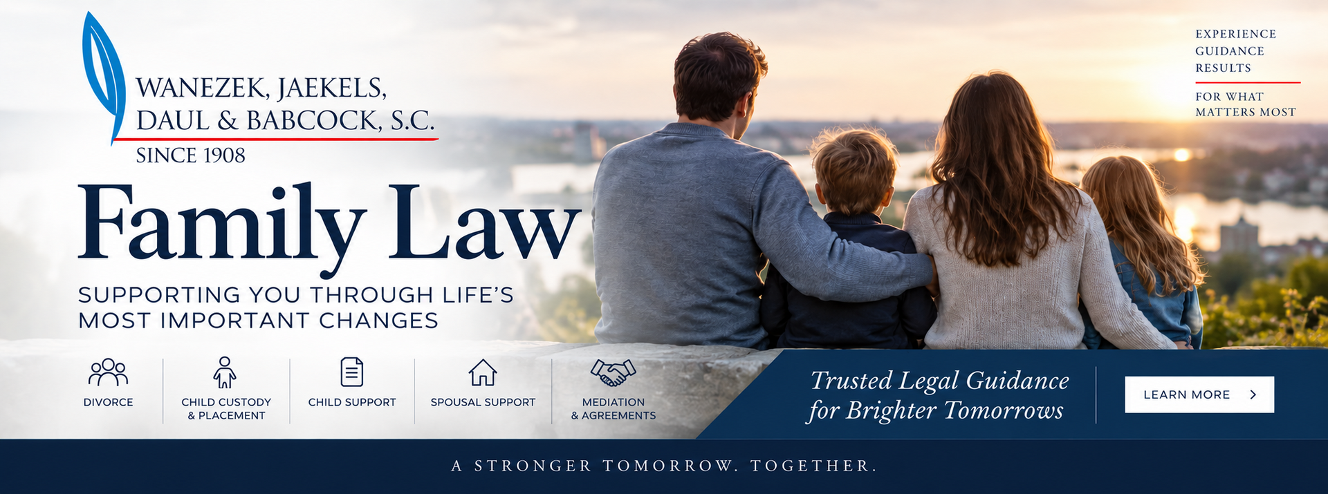 Website banner with a couple and child at sunset by the ocean, promoting legal services