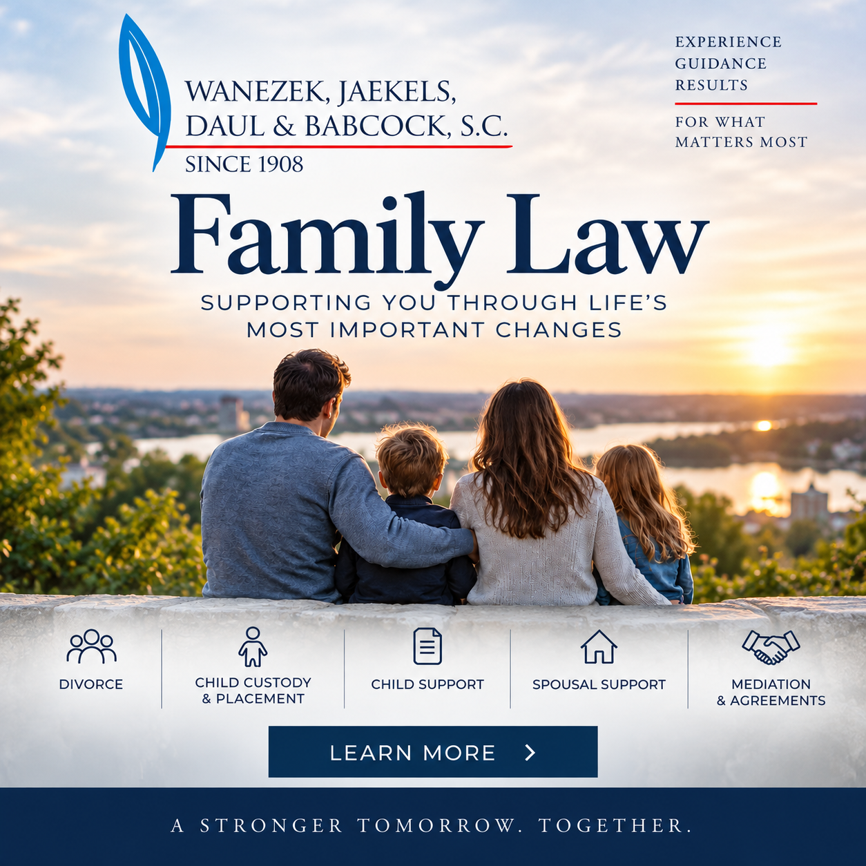 Website banner with a couple and child at sunset by the ocean, promoting legal services