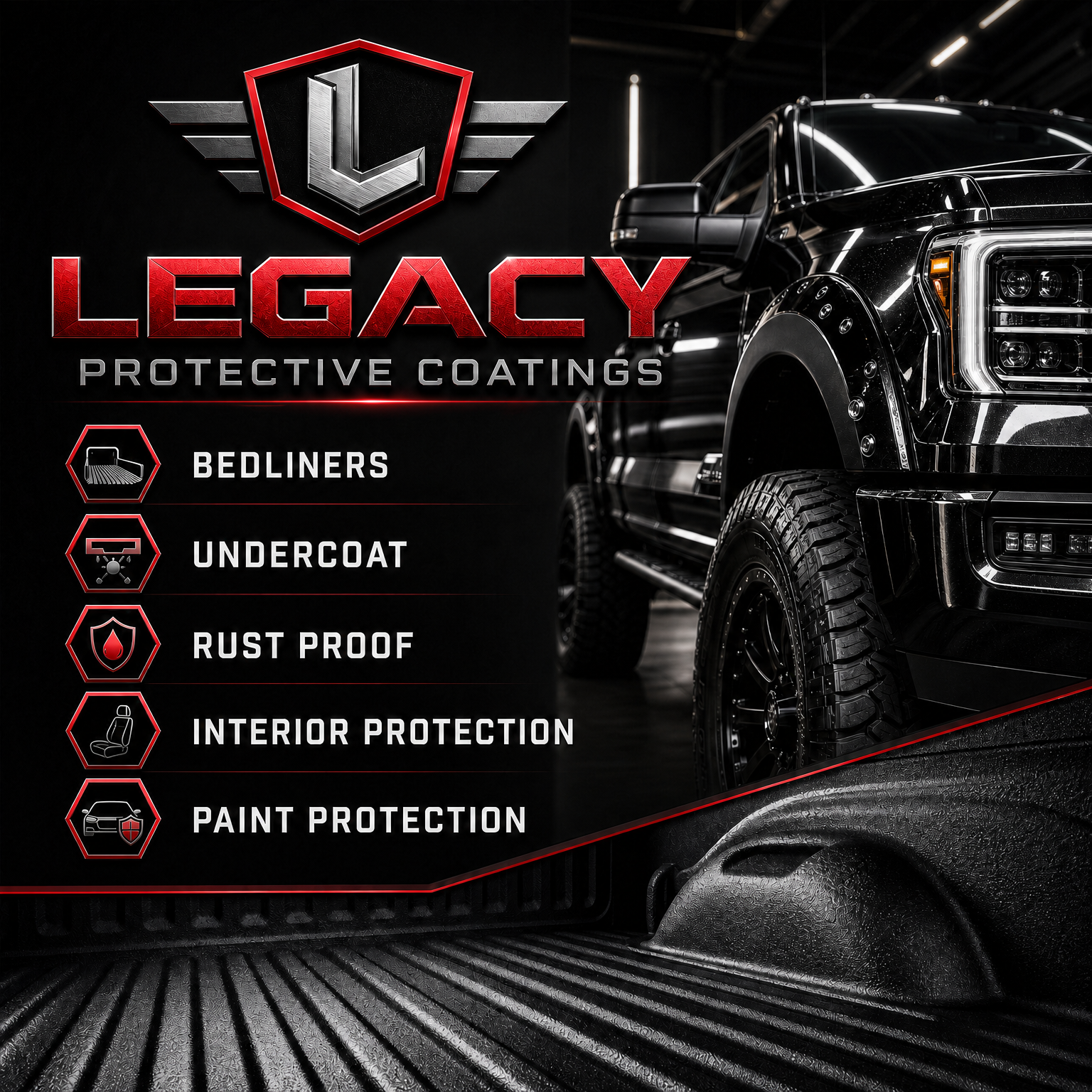 Legacy Protective Coatings ad with black truck, red logo, and services: bedliners, undercoat, rust proof, interior, paint protection
