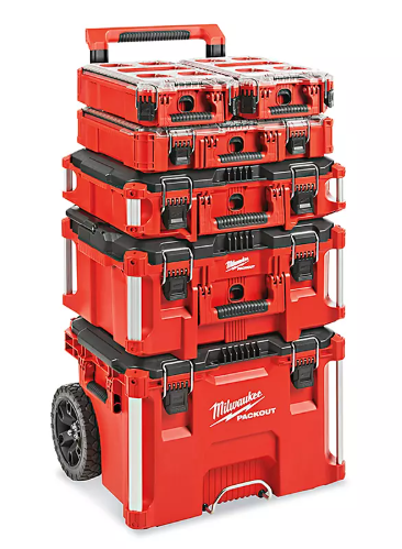 Stacked red Milwaukee toolboxes on a wheeled dolly cart.