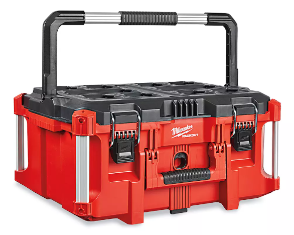 Red Milwaukee Packout tool box with black lid and handle on a white background