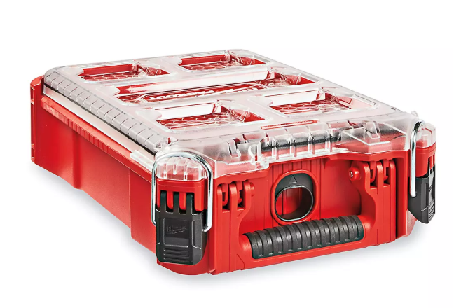 Red portable toolbox with clear lid and black handle on a white background