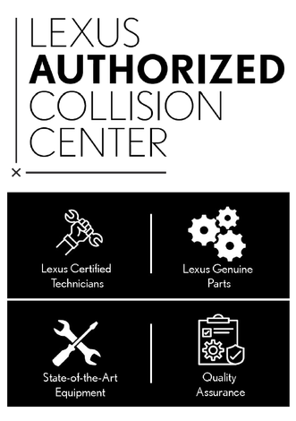 Lexus Authorized Collision Center logo with four icons for certified technicians, genuine parts, equipment, and quality assurance