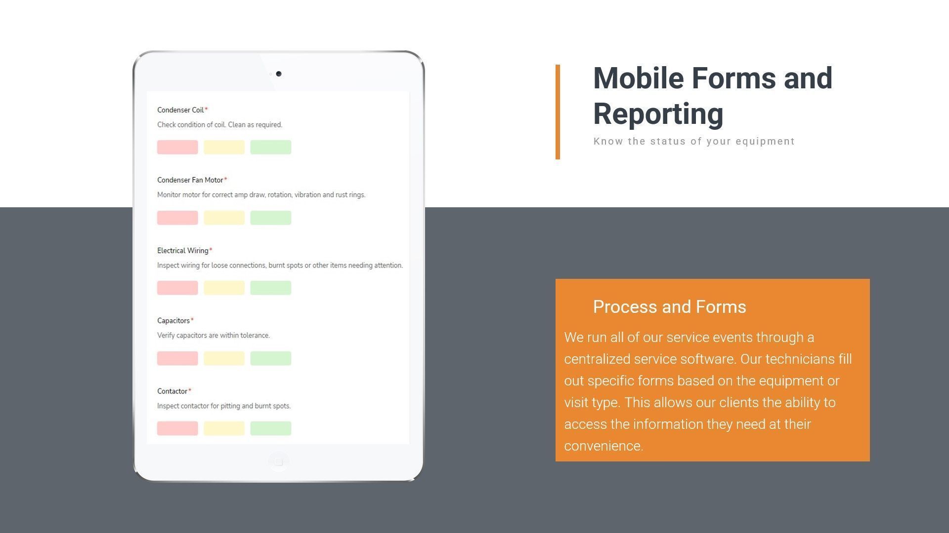 Mobile forms and reporting slide with tablet mockup and orange text box on gray background